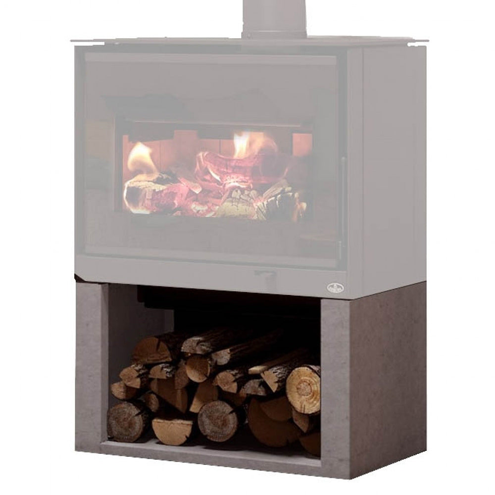 Wood stove base with log compartment and glass door, soapstone panels, stacked logs