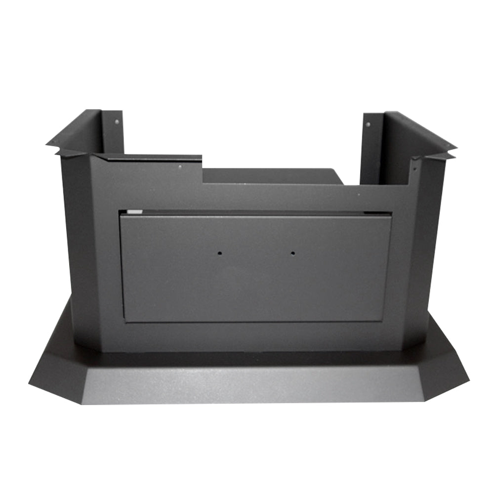 Wood stove pedestal with ash drawer, dark metal base and front access panel