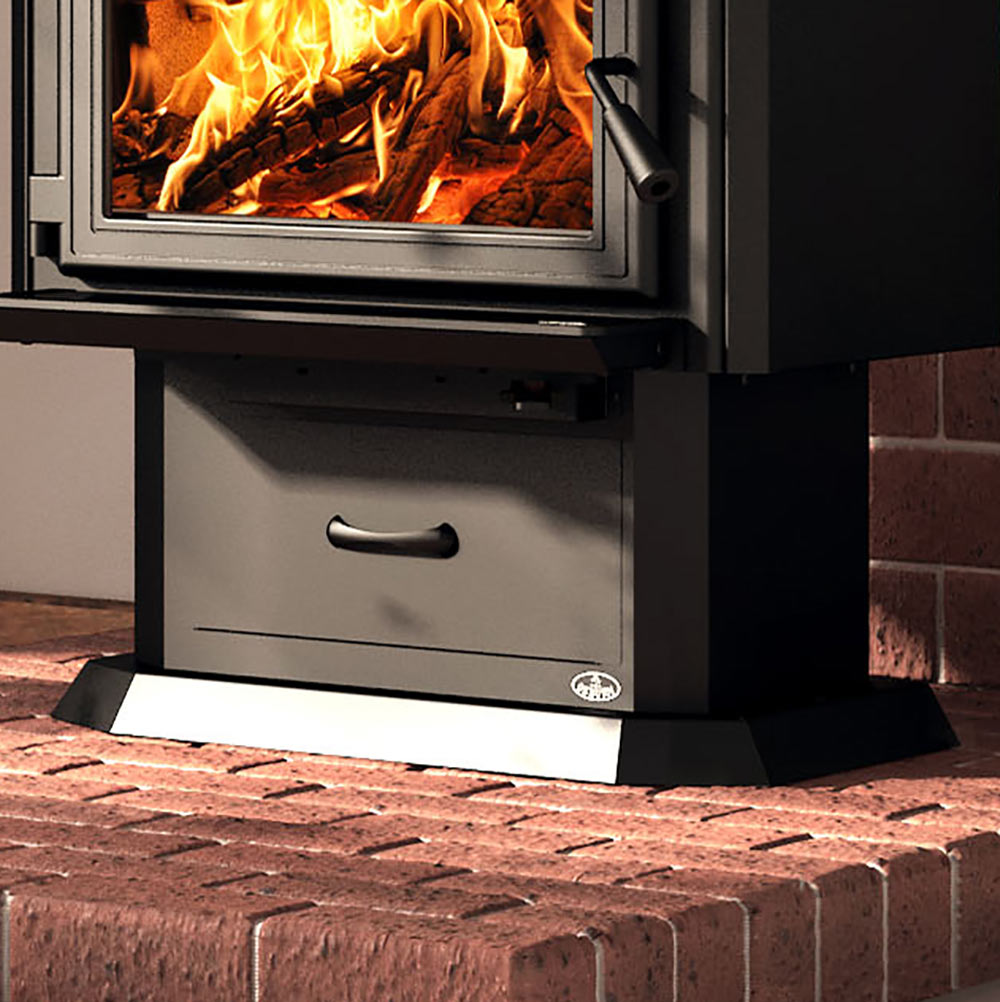 Wood stove ash drawer pedestal with curved handle and open drawer
