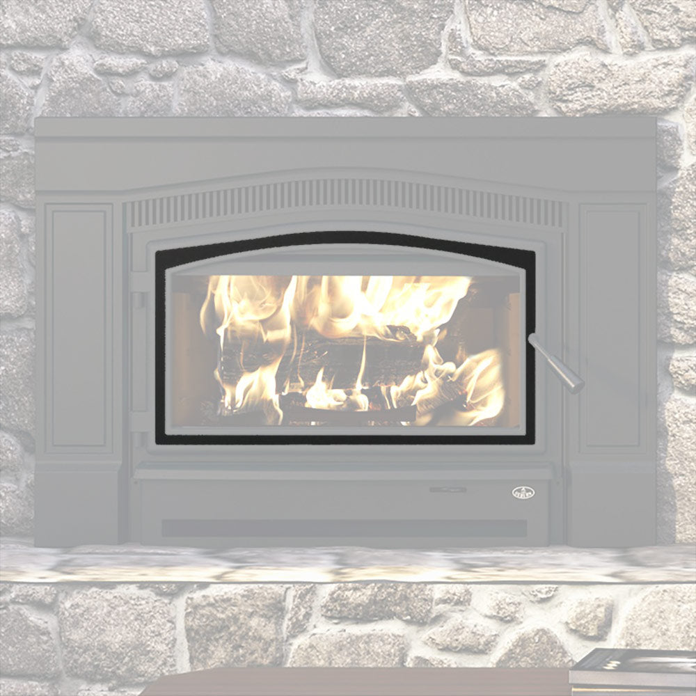 Black fireplace door overlay installed on wood insert with glass viewing window
