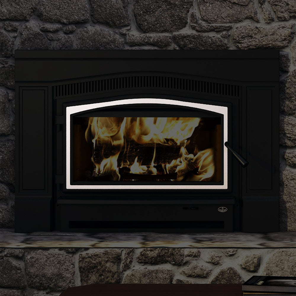 Fireplace door overlay and frame on wood insert, rectangular viewing window
