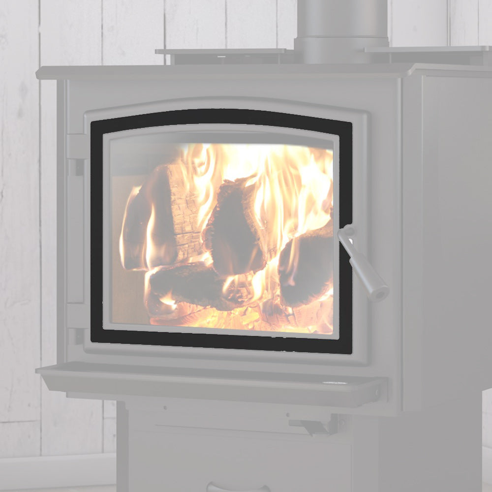 Black wood stove door overlay on front panel, framing the glass firebox