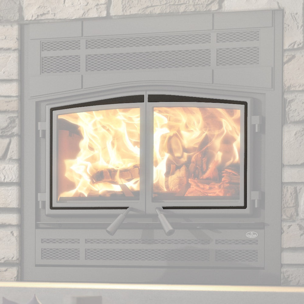 Black door overlay installed on a wood fireplace with two glass panels