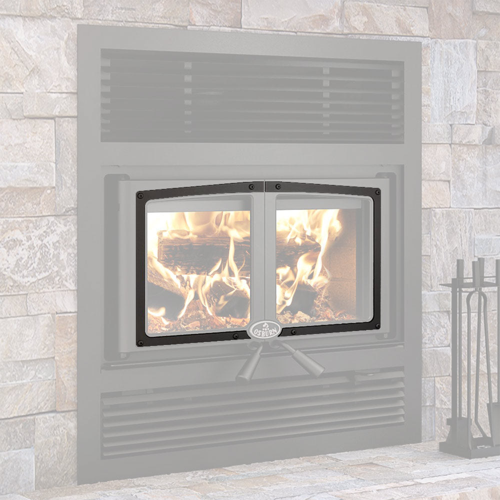 Black vented fireplace door overlay with two glass panels and central latch