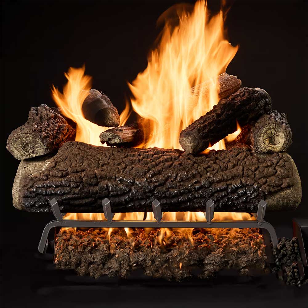Outdoor gas log set with vented log pieces and open flame in a burner tray
