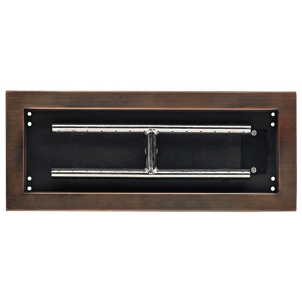 Rectangular burner pan with oil-rubbed bronze frame, black interior, and two tube burners