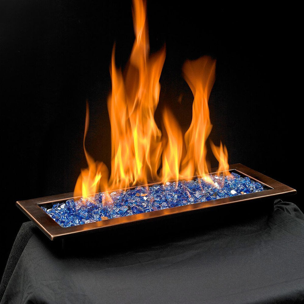 Rectangular fire pit burner pan with blue glass and orange flames