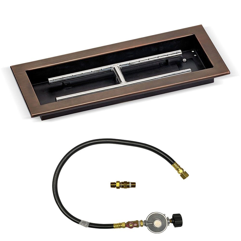 Oil-rubbed bronze burner pan kit with stainless tubes and propane hose/regulator assembly