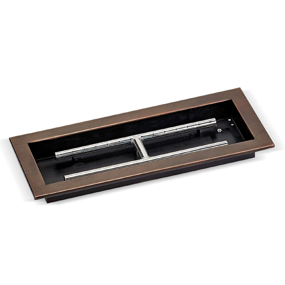 Oil-rubbed bronze rectangular burner pan with black interior and two stainless tubes