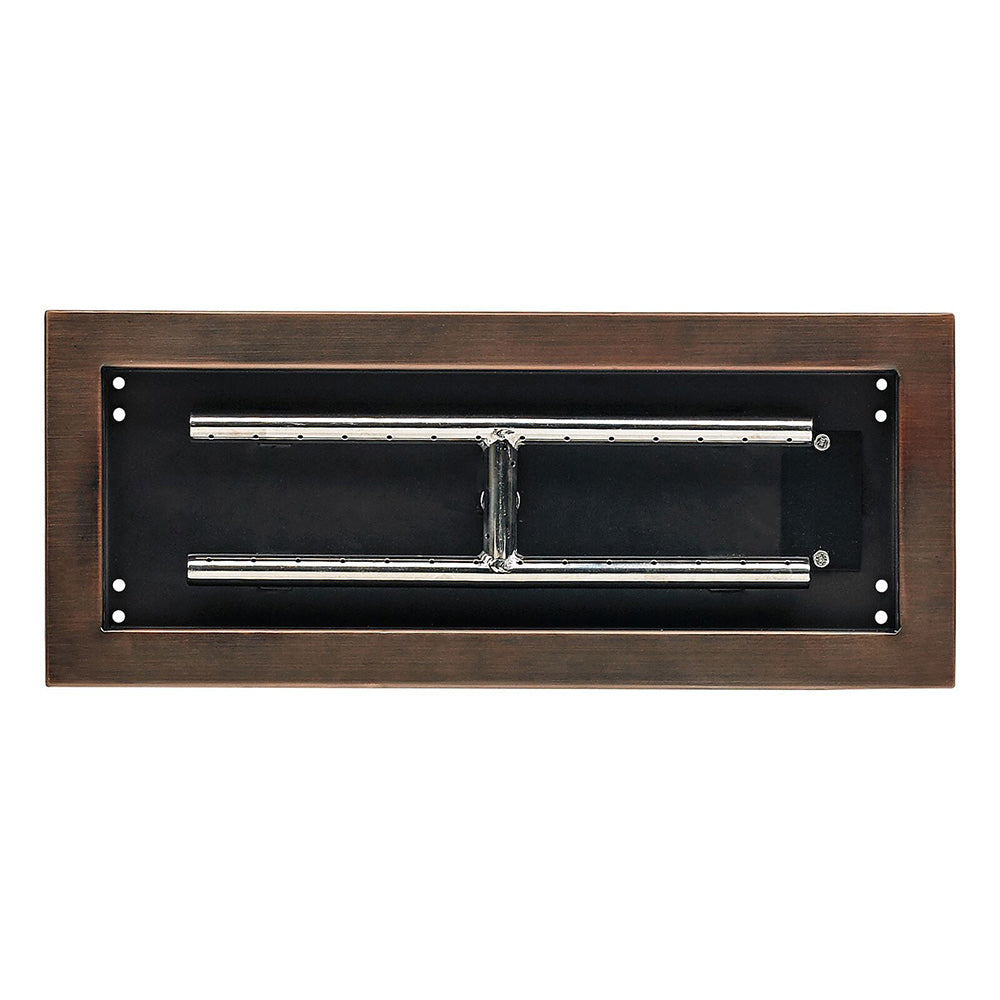 Oil-rubbed bronze rectangular burner insert with black tray and two ignition tubes