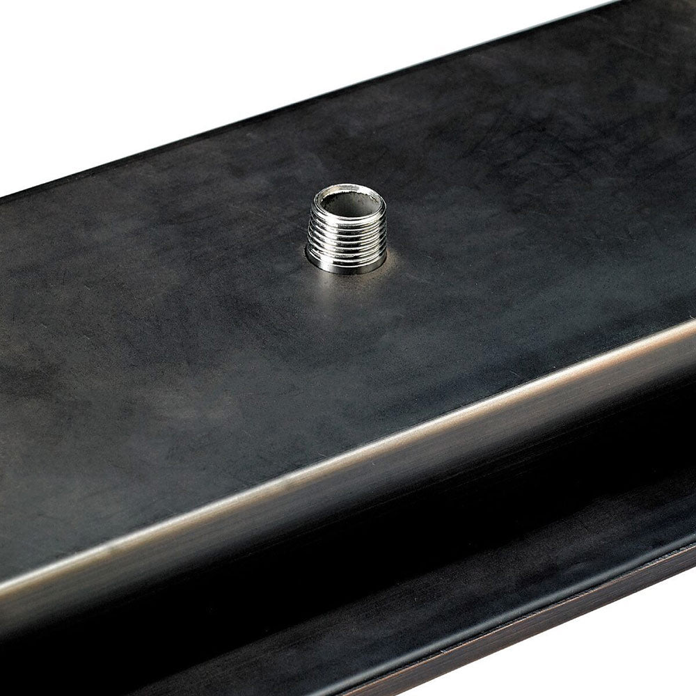 Oil-rubbed bronze burner pan with black surface and threaded gas inlet fitting