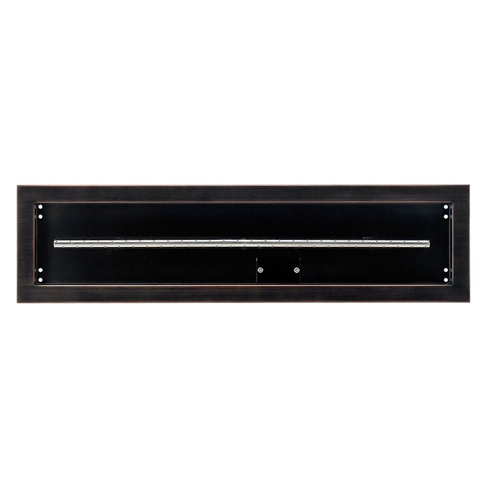 Rectangular black fire pit burner pan with metal frame and interior burner tube