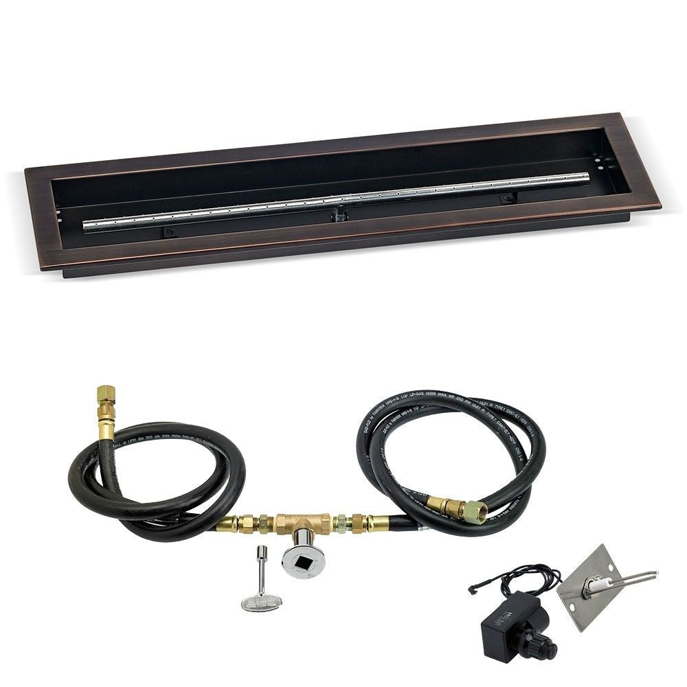 Fire pit burner pan kit with black hoses, brass fittings, and spark igniter