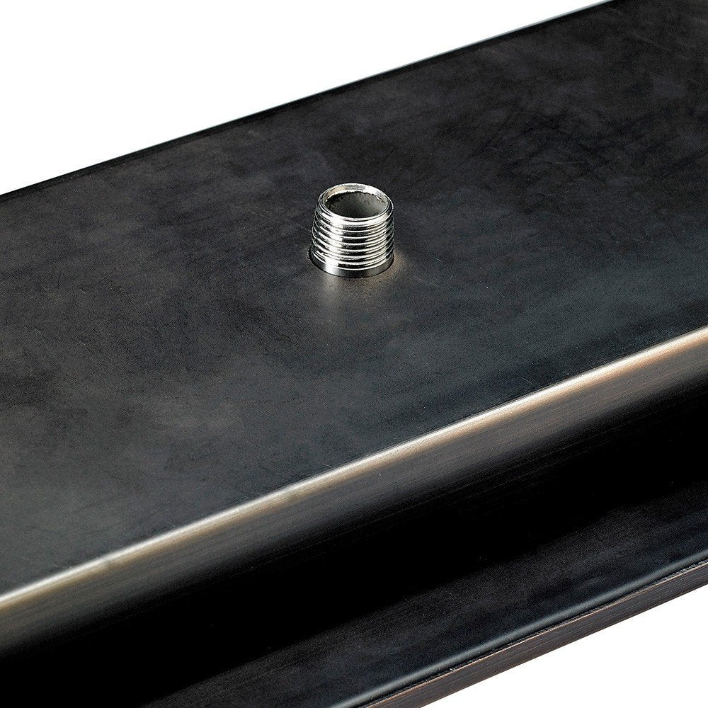 Black burner tray with threaded fuel connector fitting on rectangular pan