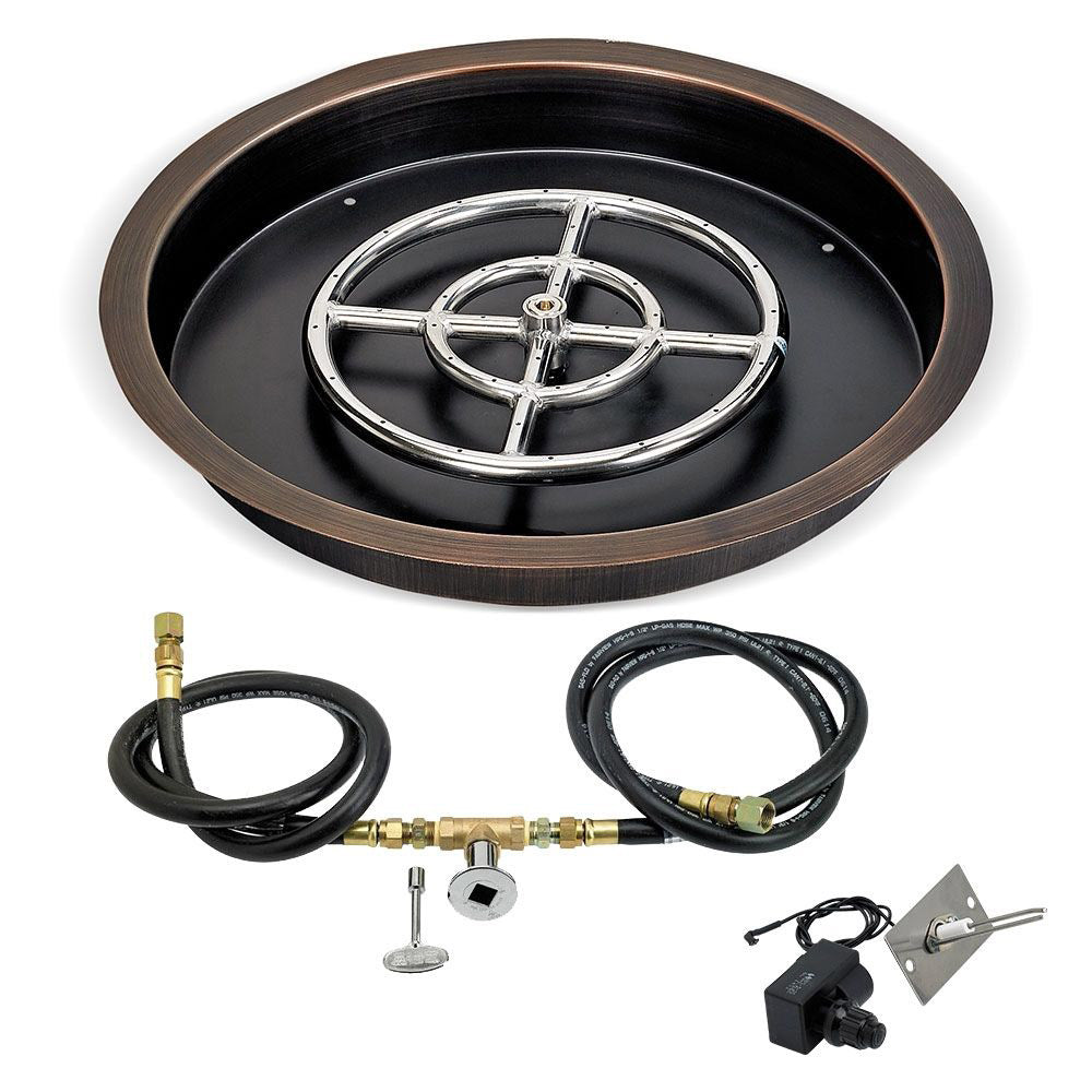 Fire pit ignition kit with bronze bowl pan, burner ring, and black gas hoses with brass fittings