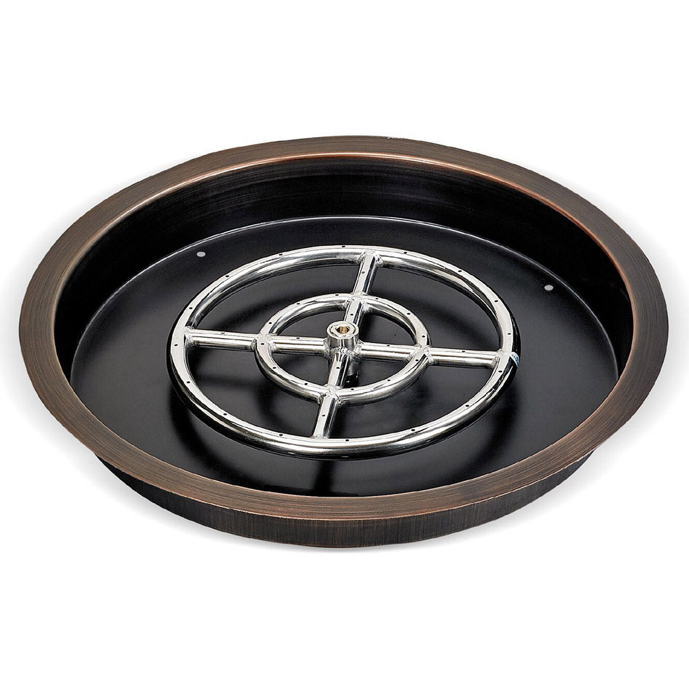 Round fire pit pan with oil rubbed bronze rim, black bowl insert and chrome burner ring