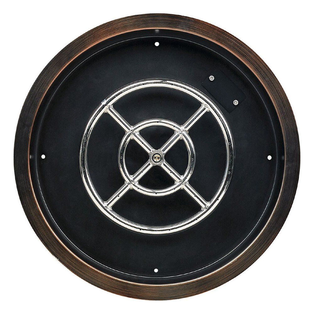 Round fire pit pan with oil rubbed bronze rim and black center plate with chrome burner ring