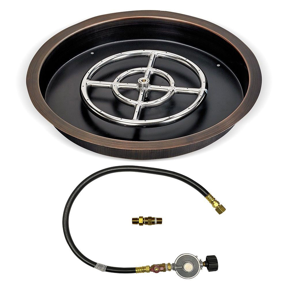 Oil rubbed bronze round fire pit pan with black insert and gas hose with regulator