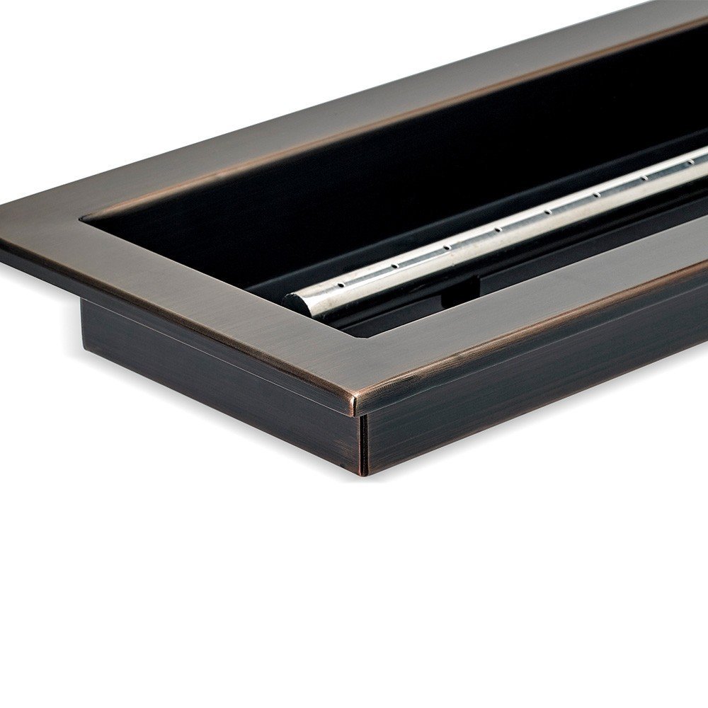 Linear fire glass burner pan with oil-rubbed bronze border and black interior