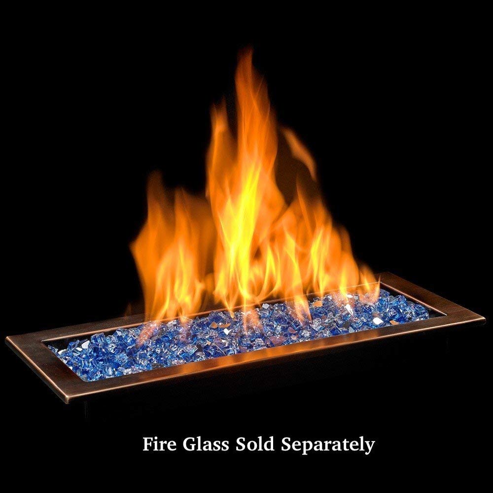 Rectangular burner pan with blue fire glass and bright orange flames