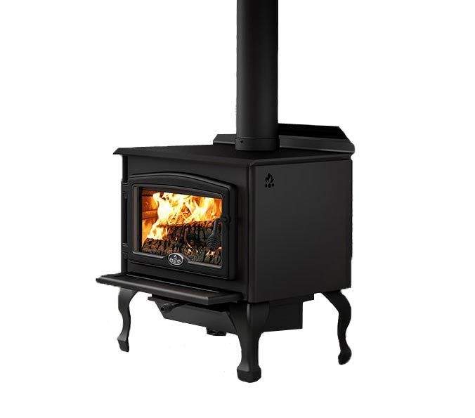 Black wood stove with glass door, burning fire, front view and arched legs