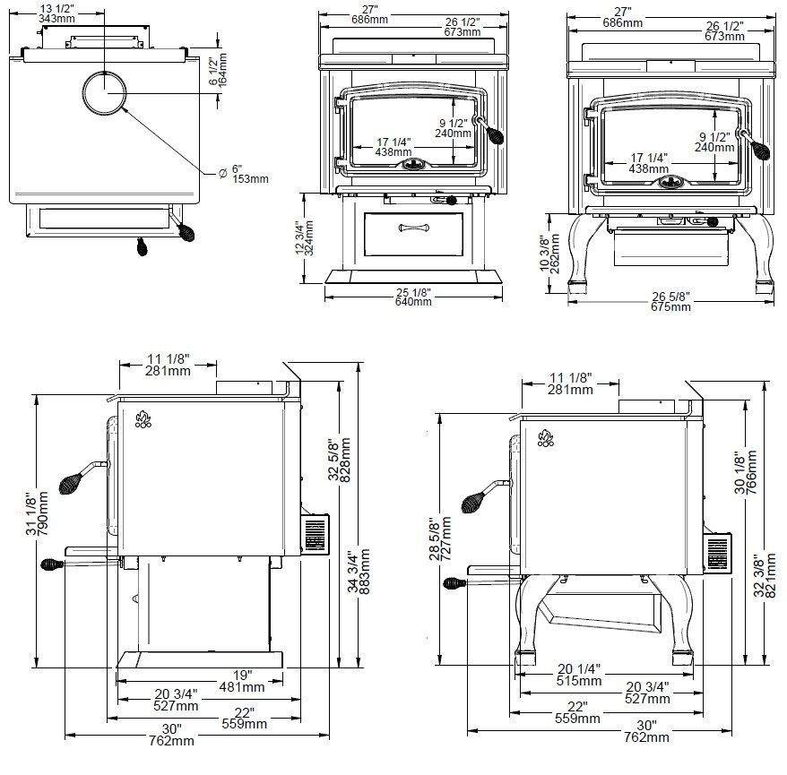 Wood stove blueprint showing top, side, and front dimensions with flue and base