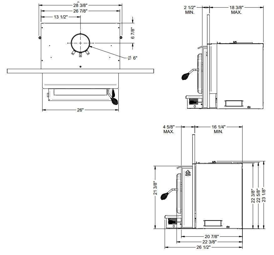 Wood stove insert dimension diagram with side and front views