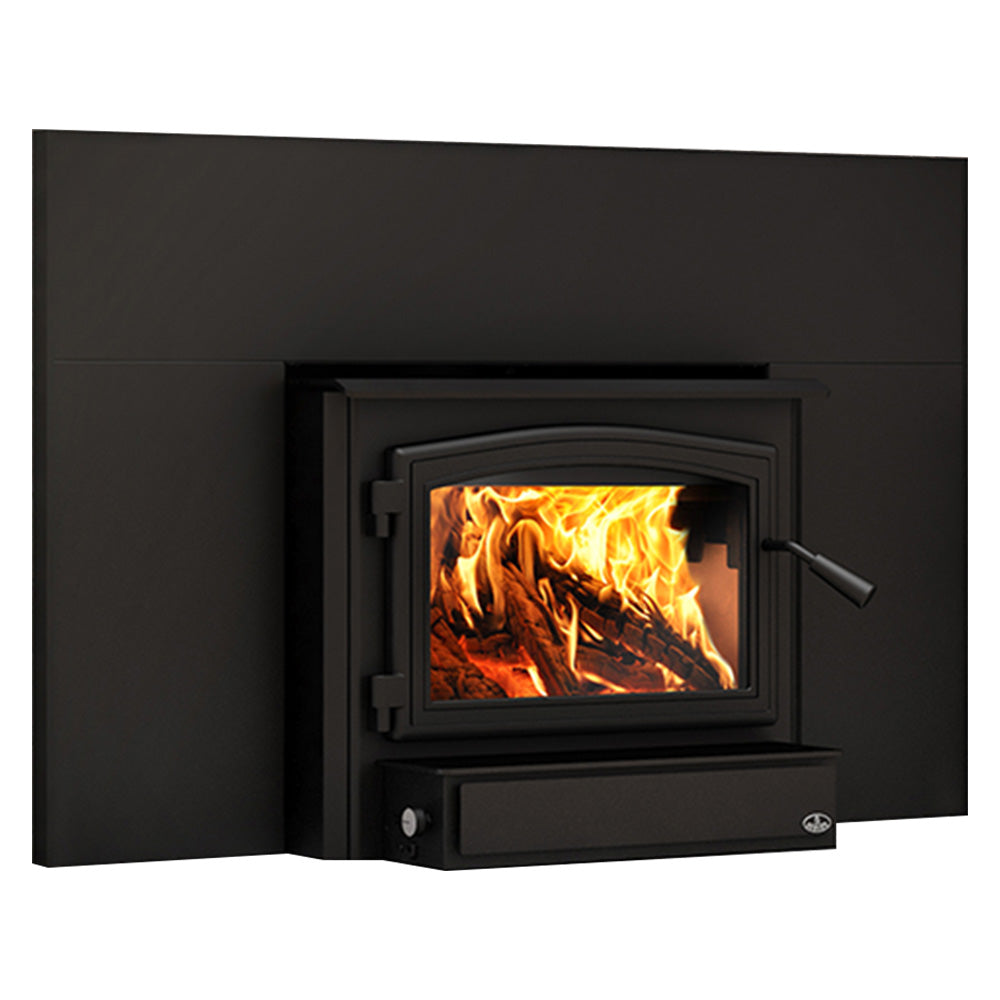 Black fireplace insert with rounded glass door showing burning logs