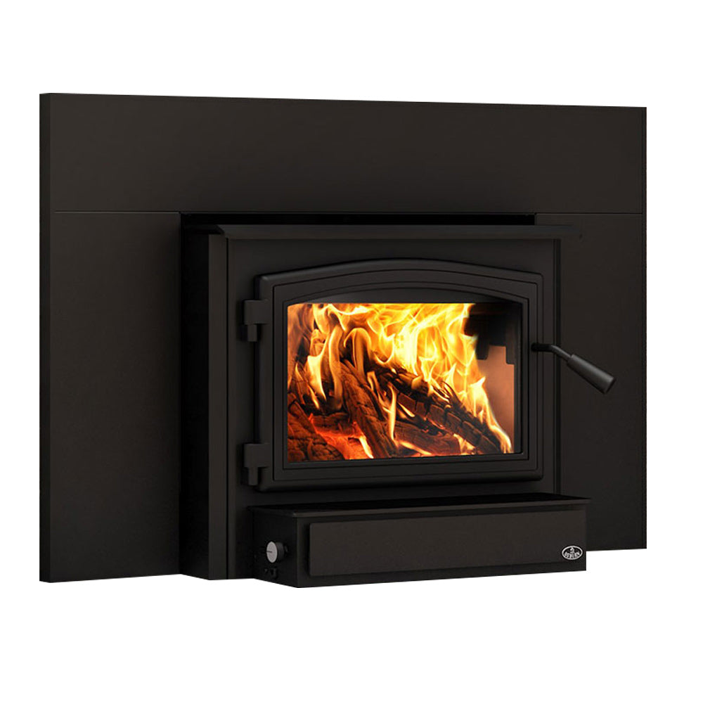 Black wood stove insert with rectangular window, burning fire, and side handle
