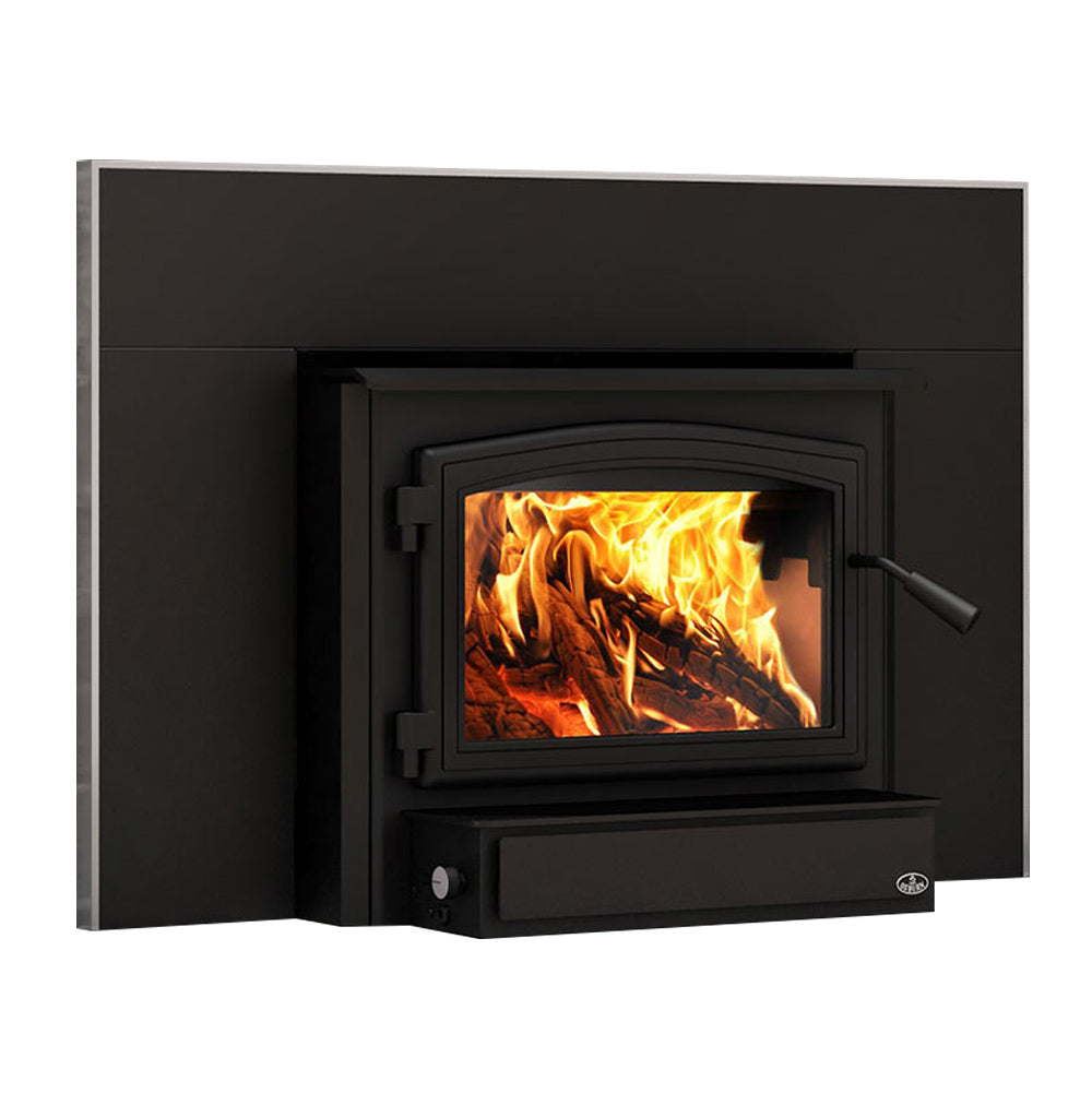 Black wood stove insert with firebox window and silver trim ring