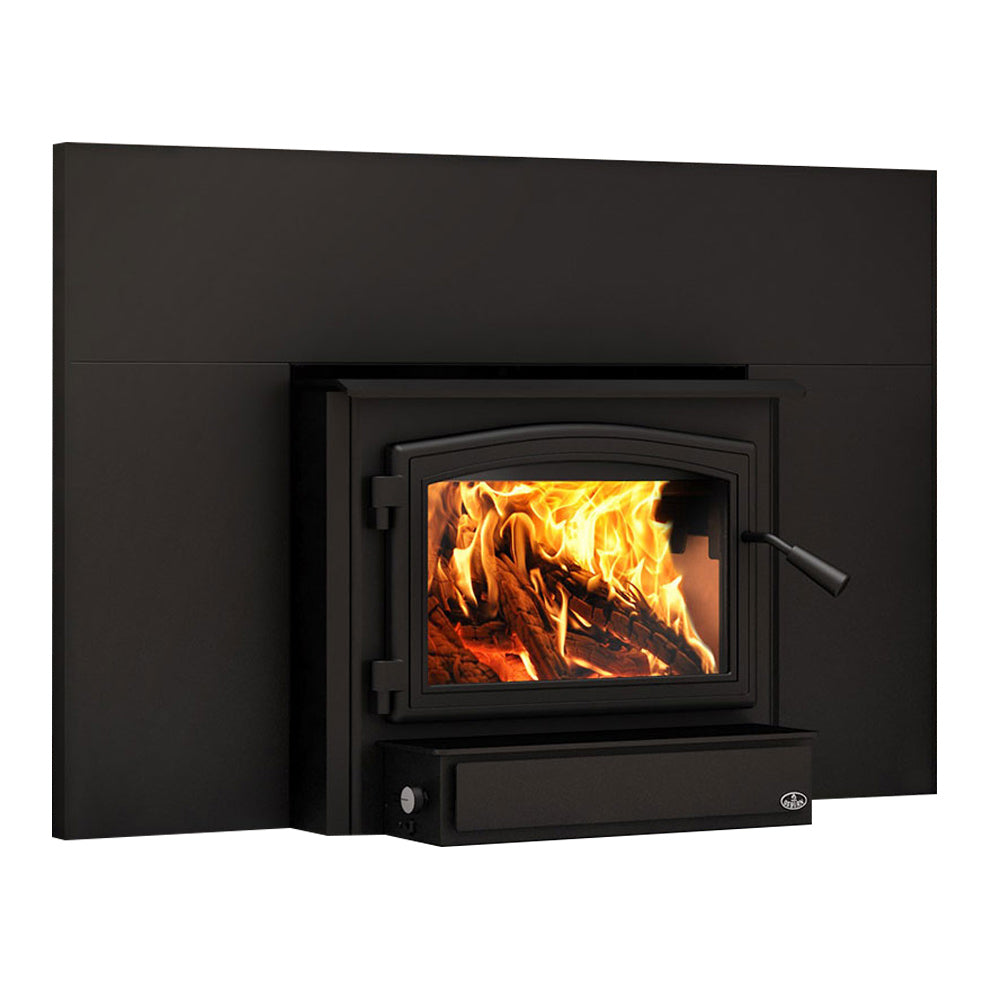 Black wood stove insert with lit firebox and right-side air handle