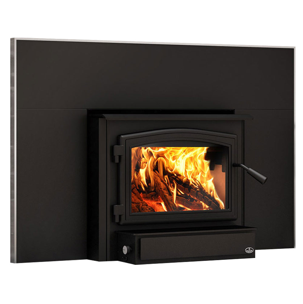 Black wood stove insert with fire burning behind rectangular glass window