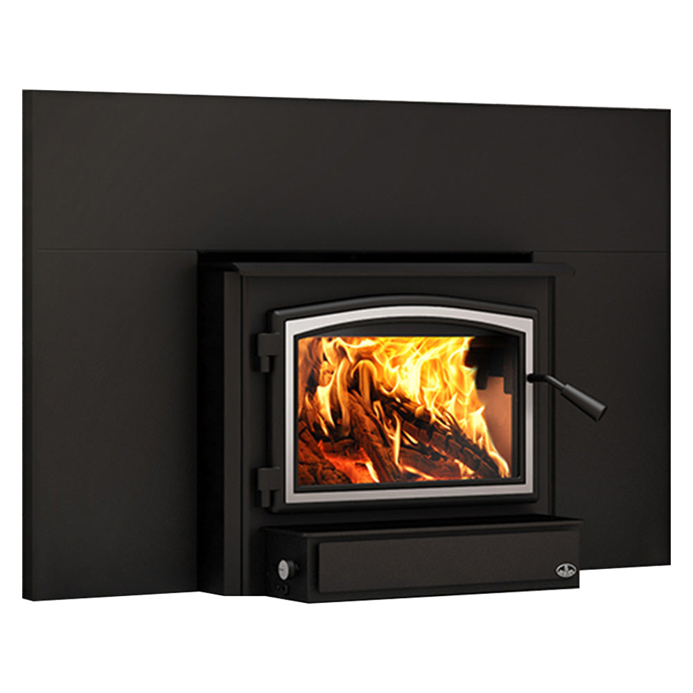 Black fireplace insert featuring a glass viewing door with flames inside