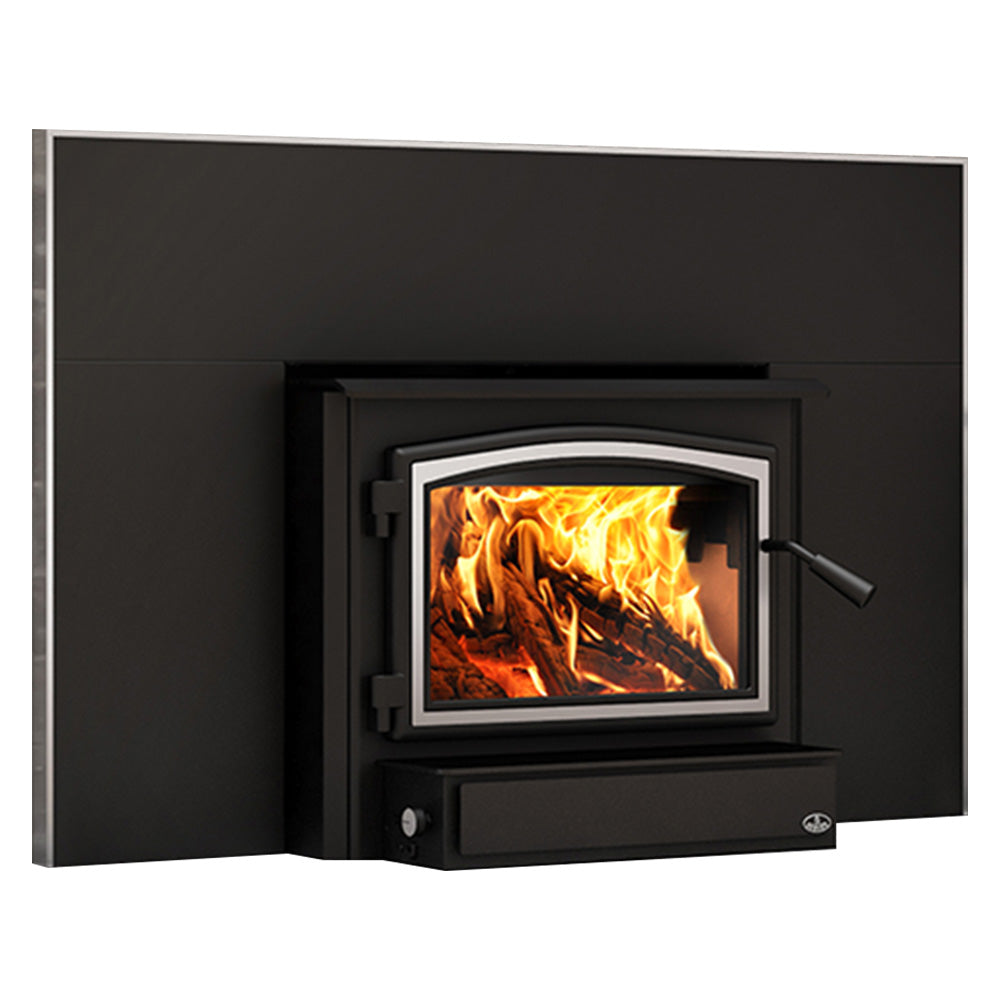 Black wood insert fireplace with glass front and right-side control lever