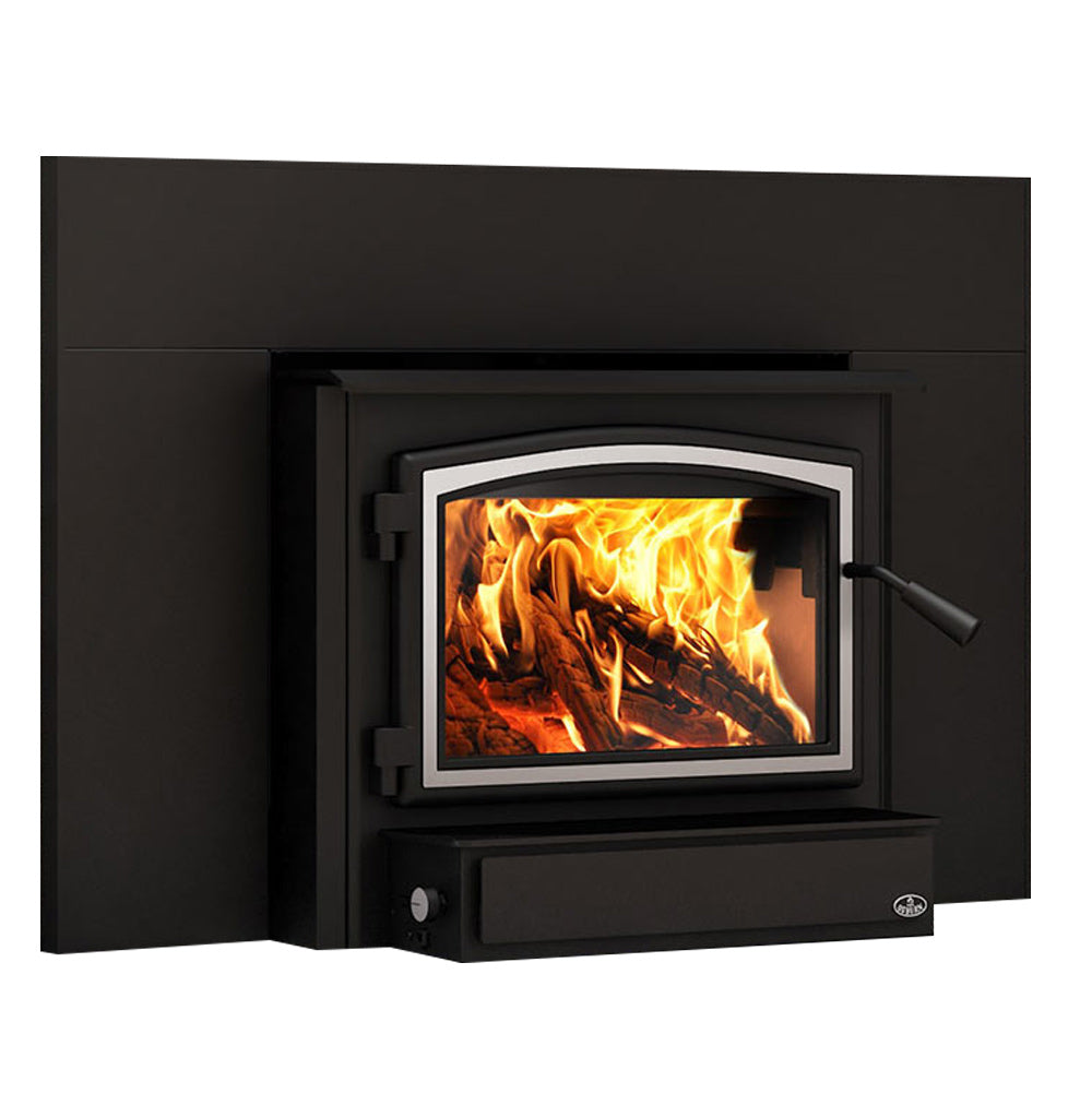 Black wood stove insert with arched glass trim, burning fire, and side handle