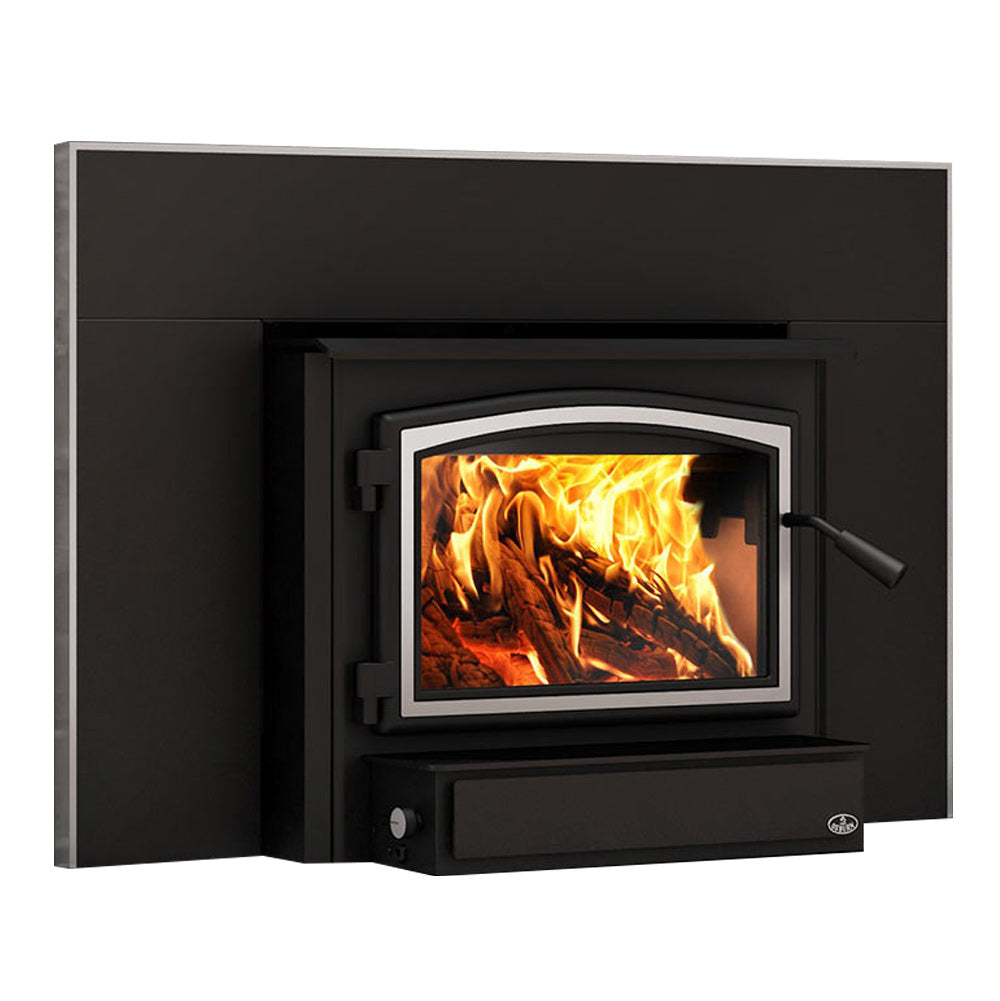 Black wood stove insert with firebox window, burning logs, and side handle