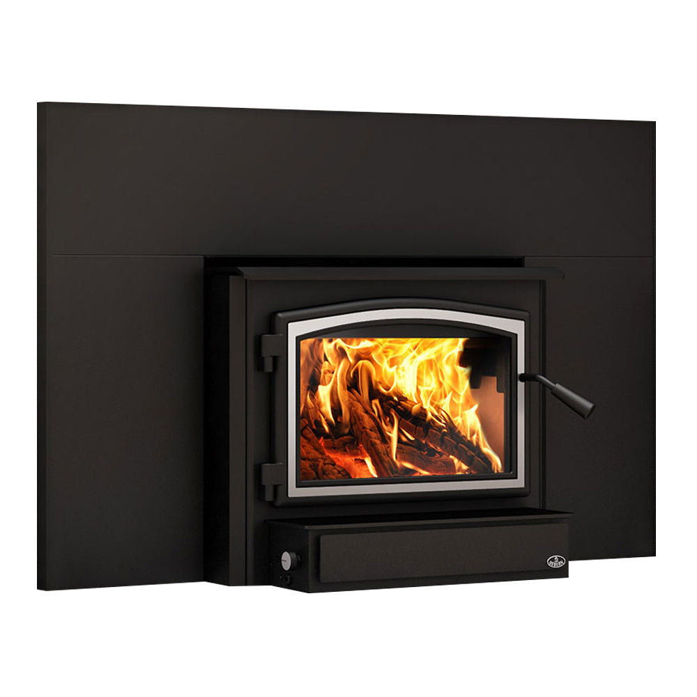 Black wood stove insert with firebox window, burning logs, and side handle