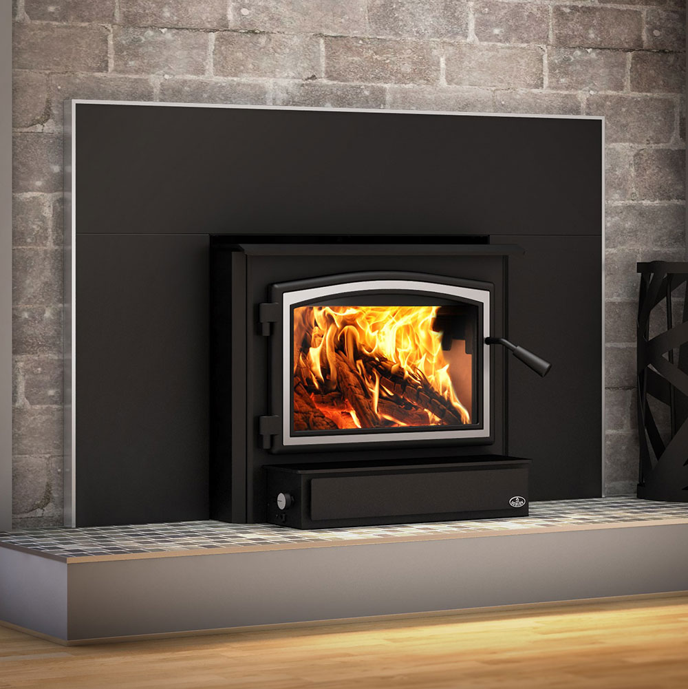 Black wood-burning stove insert with firebox window and side control handle
