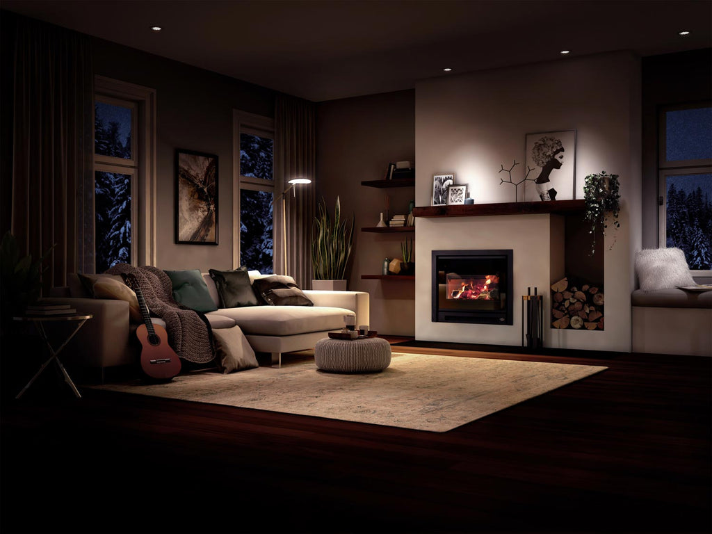 Osburn Inspire 2000 wood insert in living room, black surround with flame-lit glass