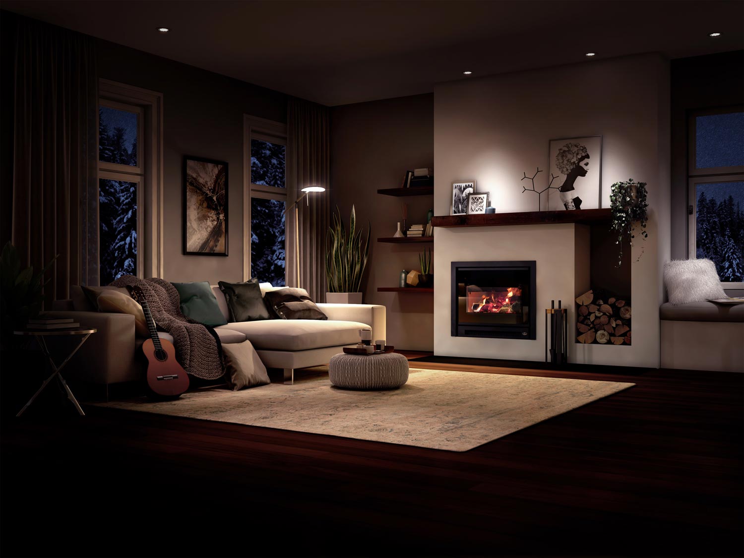 Osburn Inspire 2000 wood insert in living room, black surround with flame-lit glass