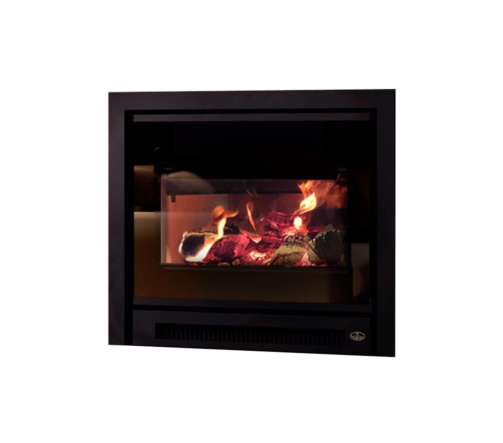 Osburn Inspire 2000 wood insert with black frame and glass viewing window, burning logs