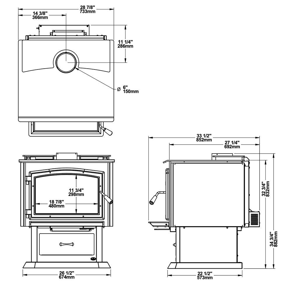 Wood stove diagram with front view, side view, and key dimensions