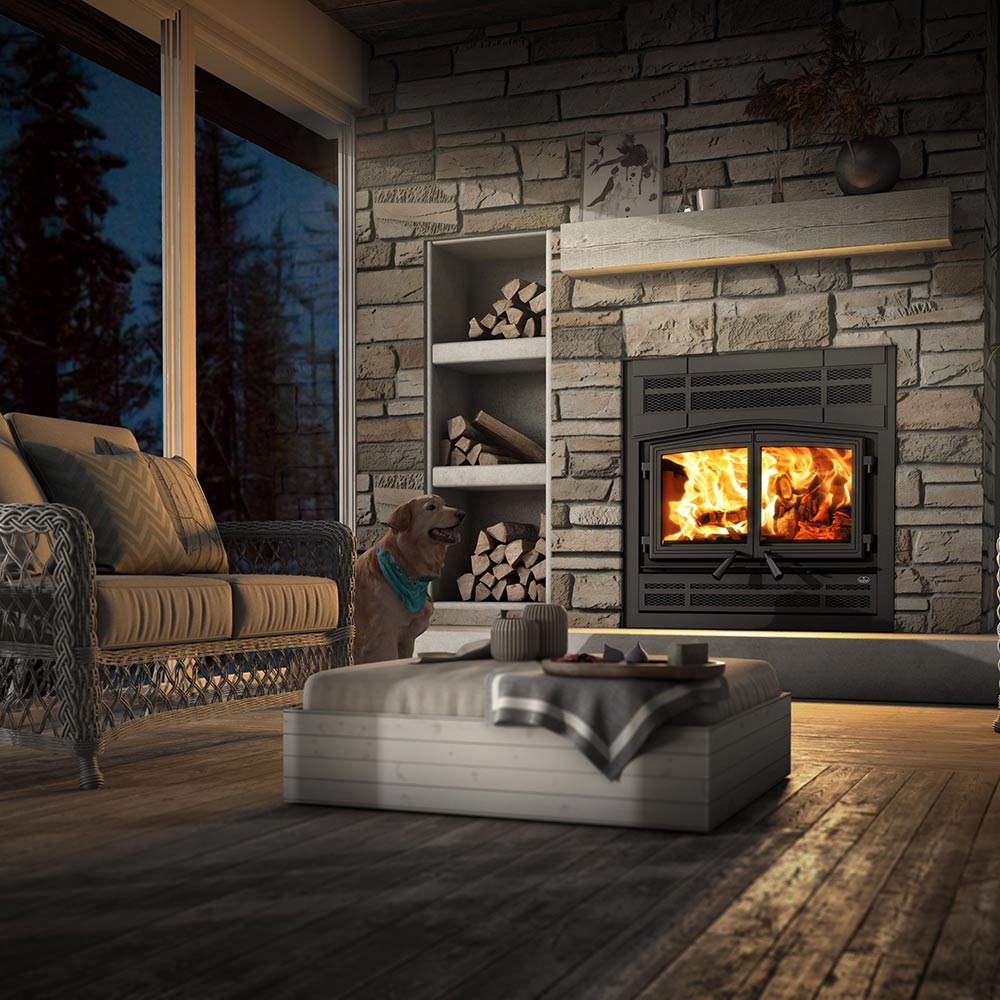 Wood fireplace with glass doors, dark metal surround, burning logs in split-view firebox