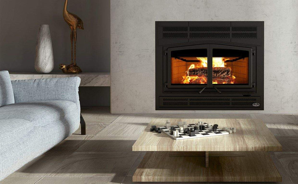 Osburn Horizon Wood Fireplace with Prairie Style Faceplate and Refractory Brick Panels