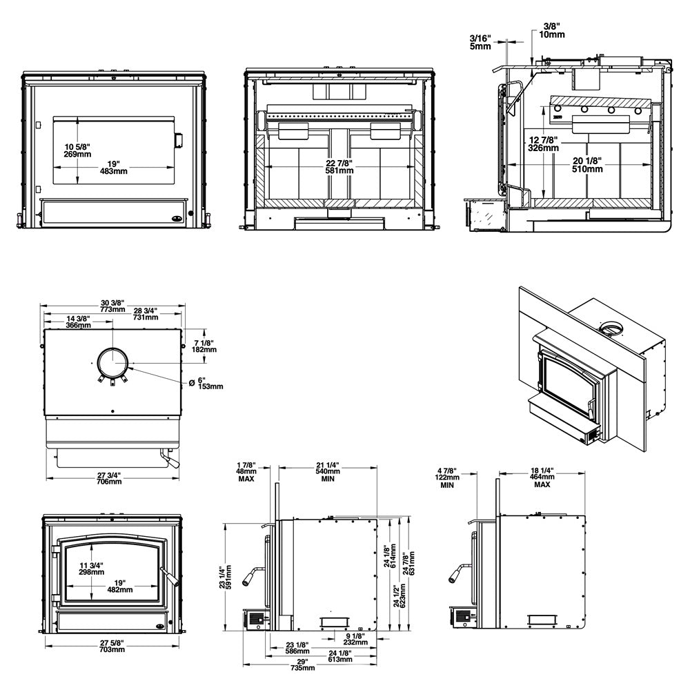Dimension diagram of a wood-burning fireplace insert, front and side views