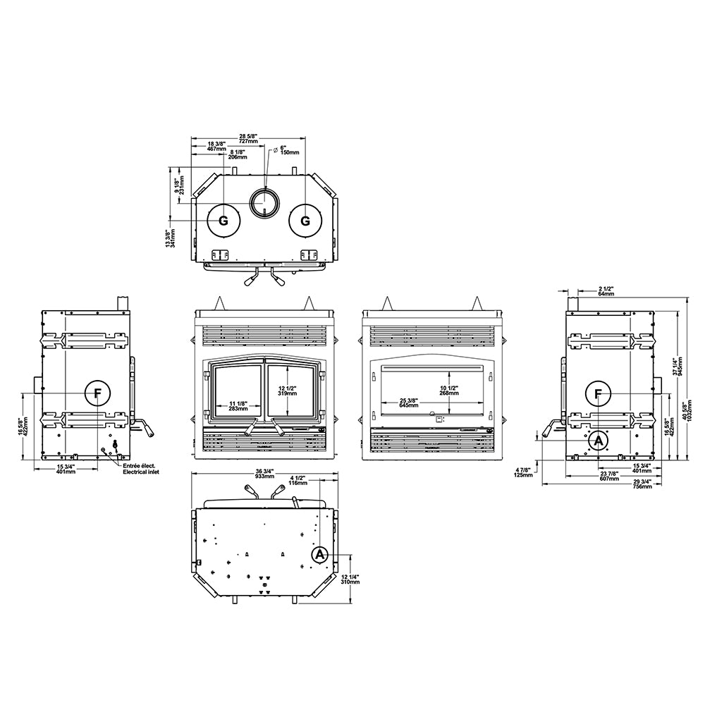 Wood fireplace with door technical diagram showing multiple views and dimensions