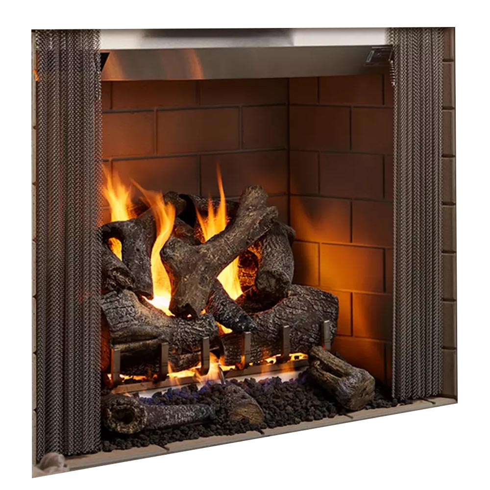 Outdoor wood fireplace with burning logs, arched frame, and brick interior panels