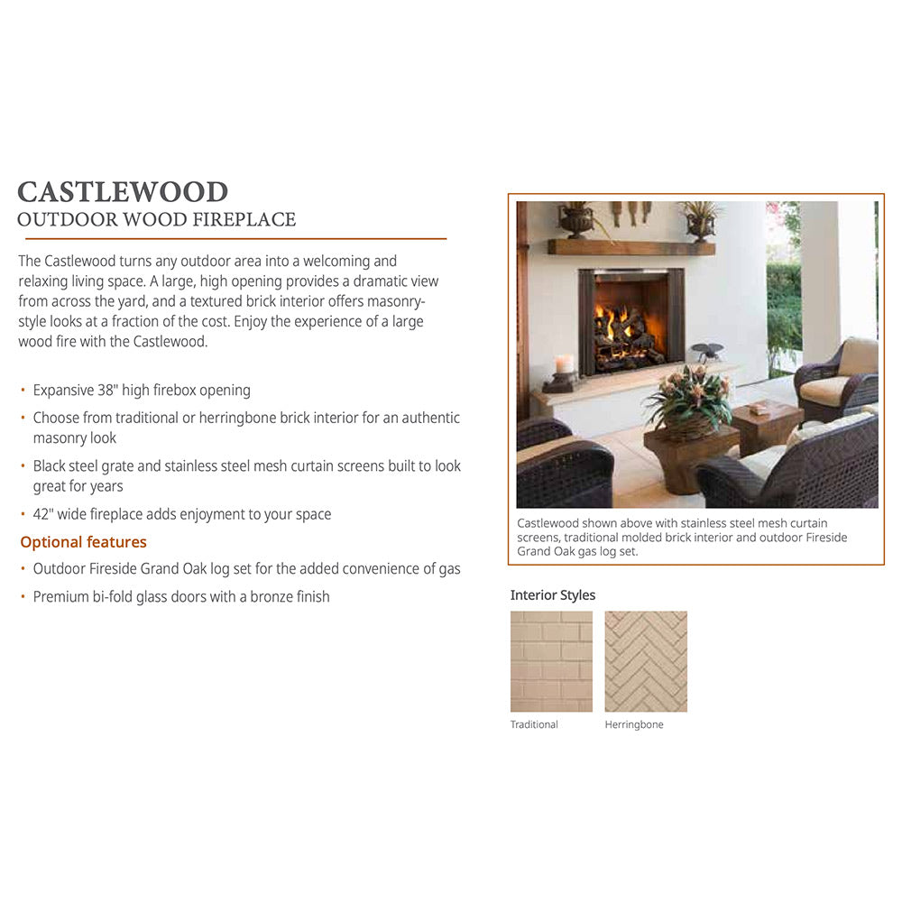 Outdoor wood fireplace brochure panel with interior brick styles and feature list