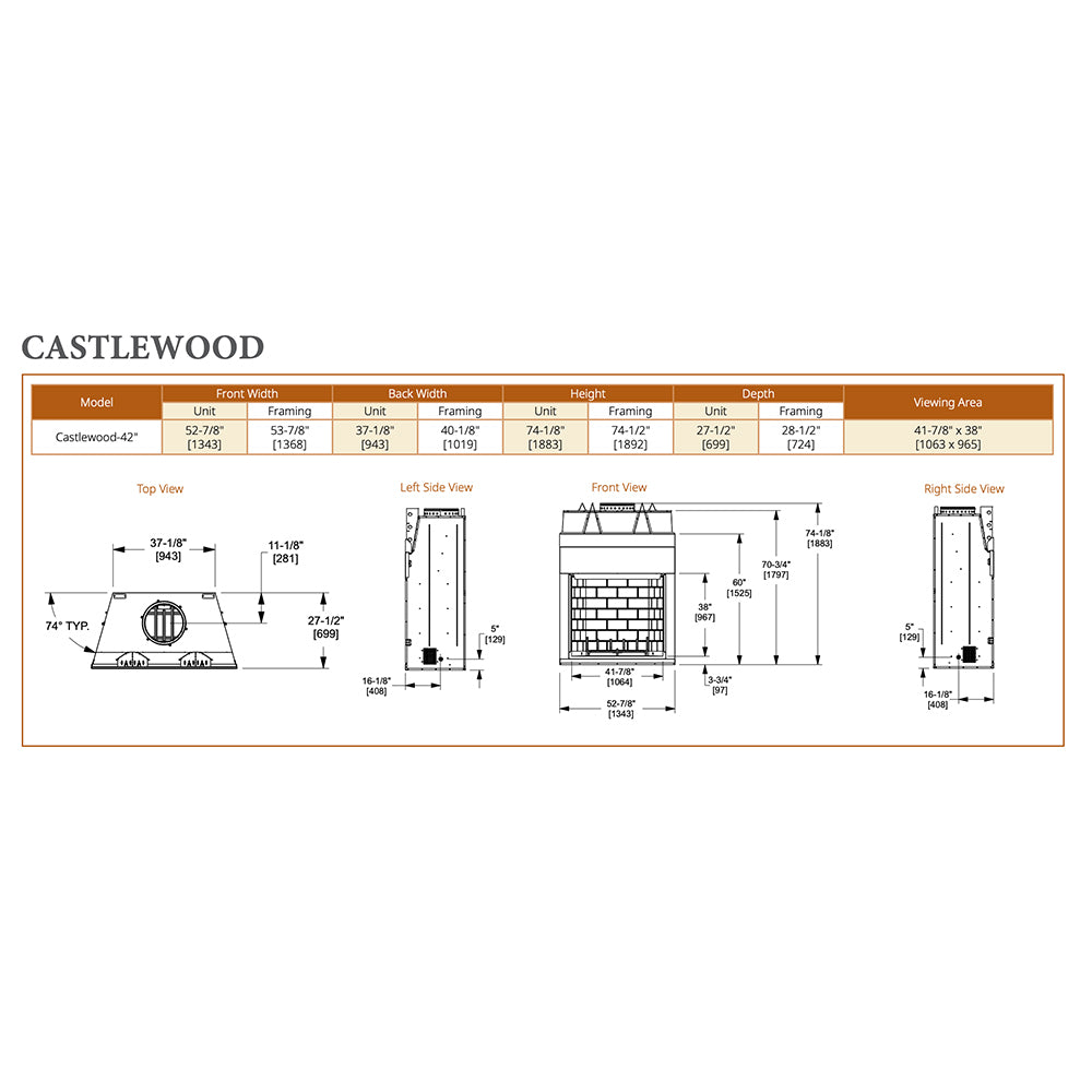 Outdoor wood fireplace dimensions diagram with width, height, depth, and vent openings