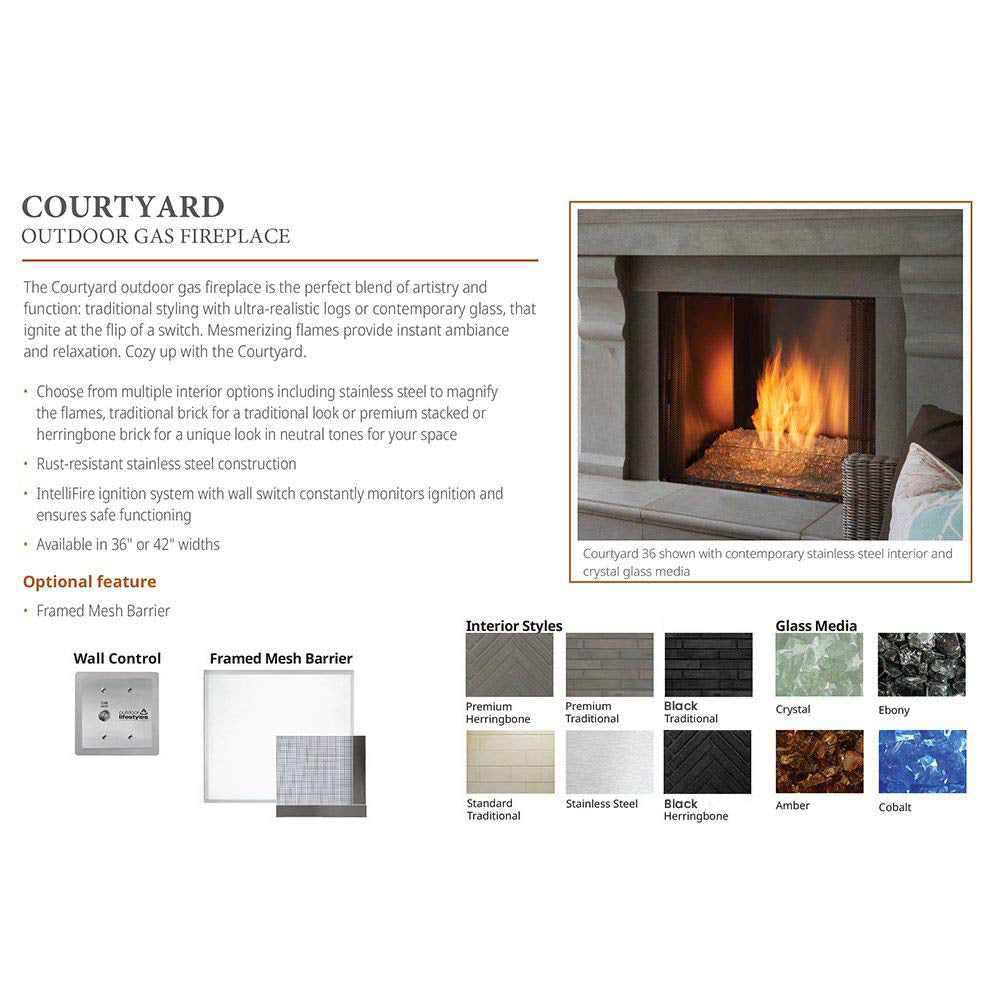 Outdoor gas fireplace brochure page with flames and interior style media options